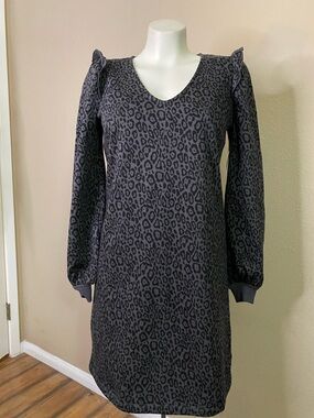Nine West Grey Leopard Print Long Sleeve fleece Dress S 🖤🐆
